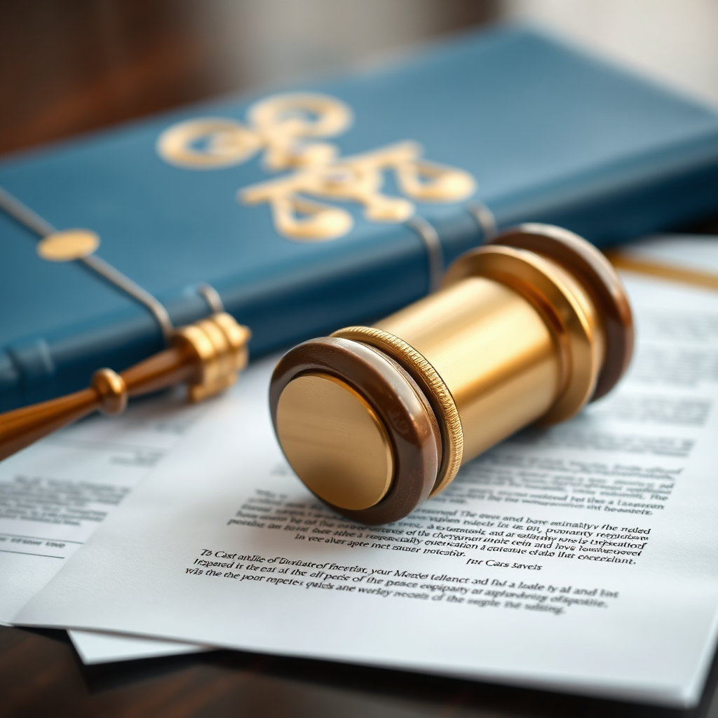Photorealistic image of legal documents with a gavel resting on top. Soft lighting with a focus on the texture of the paper. Blue and gold color scheme to convey authority and trustworthiness.