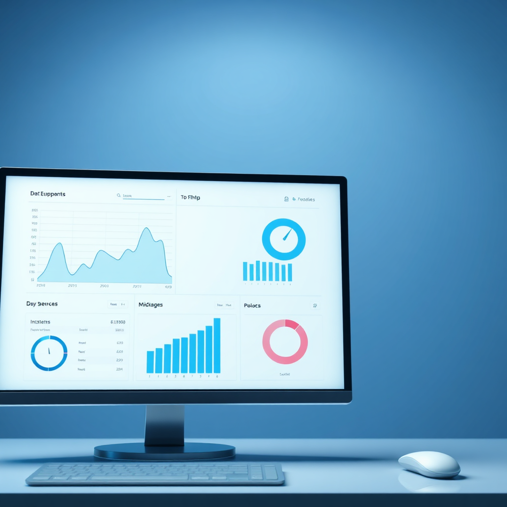 Photorealistic rendering of a computer dashboard displaying charts, graphs, and key performance indicators (KPIs). The screen is brightly lit, and the data visualizations are clear and easy to understand. Blue and white color scheme to convey professionalism and data accuracy.