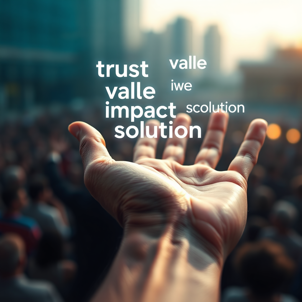 Photorealistic, ultra-high definition (8K) image depicting a person's open hand, with words like 'trust,' 'value,' 'impact,' and 'solution' floating above it like holographic projections. The background is a blurred cityscape, suggesting a wide audience. The lighting is soft and inviting, highlighting the words and the hand. The camera angle is close, focusing on the hand and the floating words. The texture of the hand should be detailed, showing subtle wrinkles and lines. The style should be modern and futuristic, conveying the idea that persuasive language is a powerful and cutting-edge tool. This image symbolizes the ability of persuasive language to influence and connect with a broad audience.