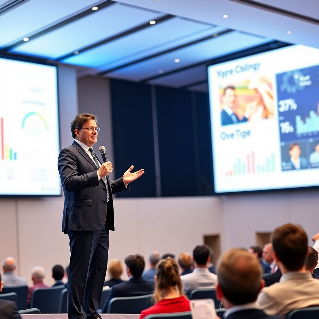 Picture a business professional delivering a keynote speech at a conference. A large screen behind them displays relevant data and visuals supporting their presentation. The scene conveys authority and expertise. Lighting should be bright and professional. The color palette should be confident and trustworthy. The environment is a modern conference hall. Style reference: Professional development and thought leadership. 8k resolution, photorealistic.