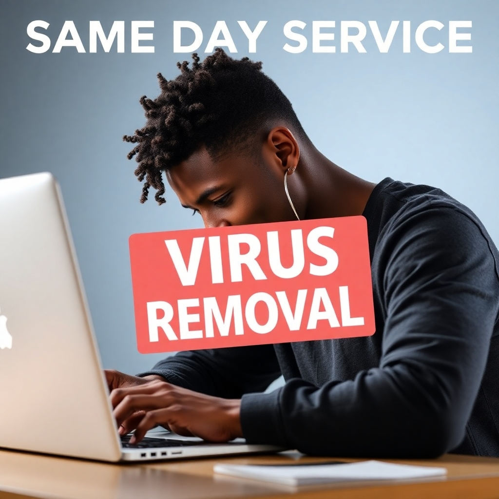 A photorealistic image showing a technician successfully completing a repair within the same day. A satisfied customer is key. The background should have a welcoming workspace, with a sense of urgency and timeliness.