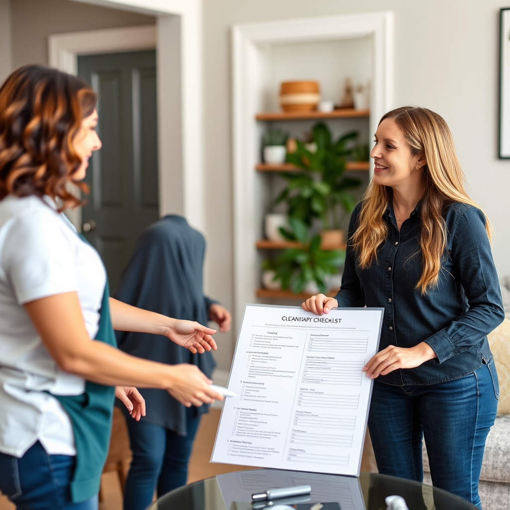 Show a consultation between a cleaning professional and a client in a home setting. The focus should be on the discussion and the customized checklist of cleaning needs. The atmosphere should be collaborative and friendly.