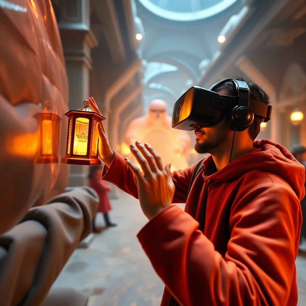 Show a user interacting with a virtual object or environment within the VR experience, like picking up a virtual artifact or interacting with virtual characters. Highlight user interaction and agency. Use dynamic lighting and motion to add realism and excitement.