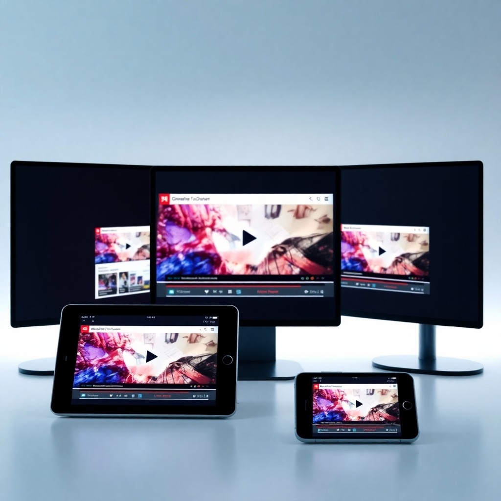 Show multiple screens (desktop, tablet, smartphone) displaying the same video content across various social media platforms and websites. The focus is on the wide reach and consistent branding across different channels. Lighting should be balanced and representative of screen light. The color palette should be consistent across all platforms. The environment represents the connected world. Style reference: Cross-platform marketing strategy. 8k resolution, photorealistic.