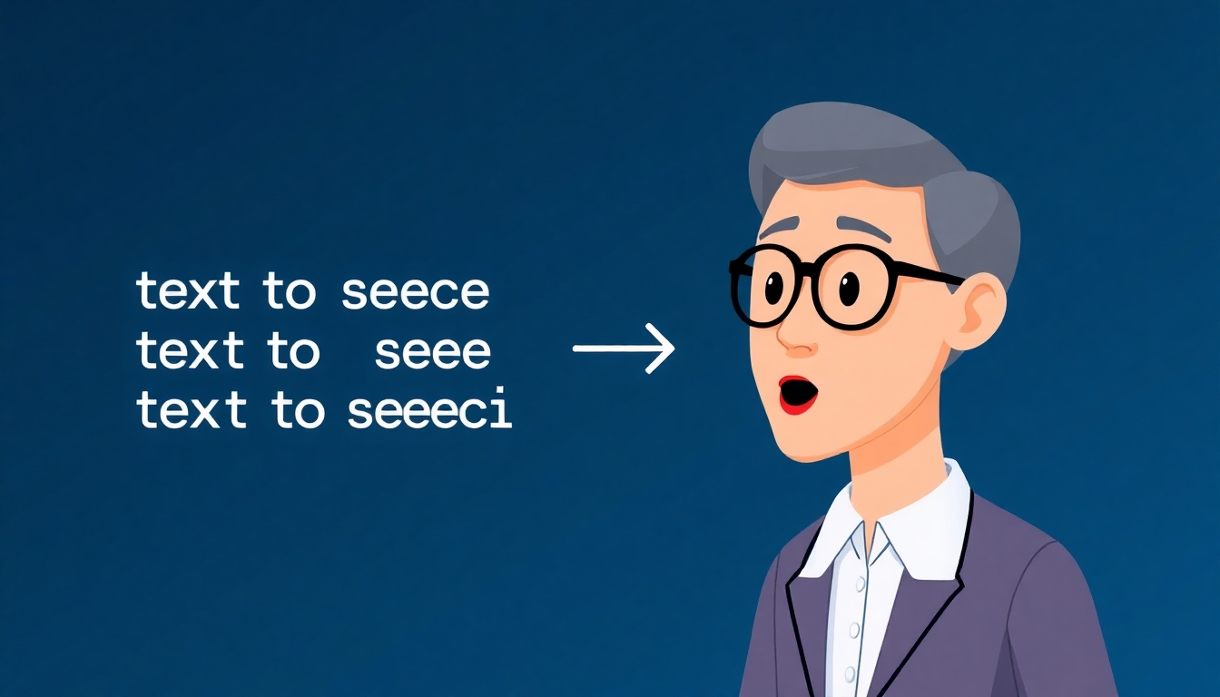 Show the text-to-speech process in action: text input displayed alongside an animation of a virtual human spokesperson speaking the converted text. The image should emphasize the seamless transition from text to speech, showcasing the technology's ease of use and natural output. Use a dynamic composition to highlight the process flow. Stylized yet clean and functional, representing technological efficiency.