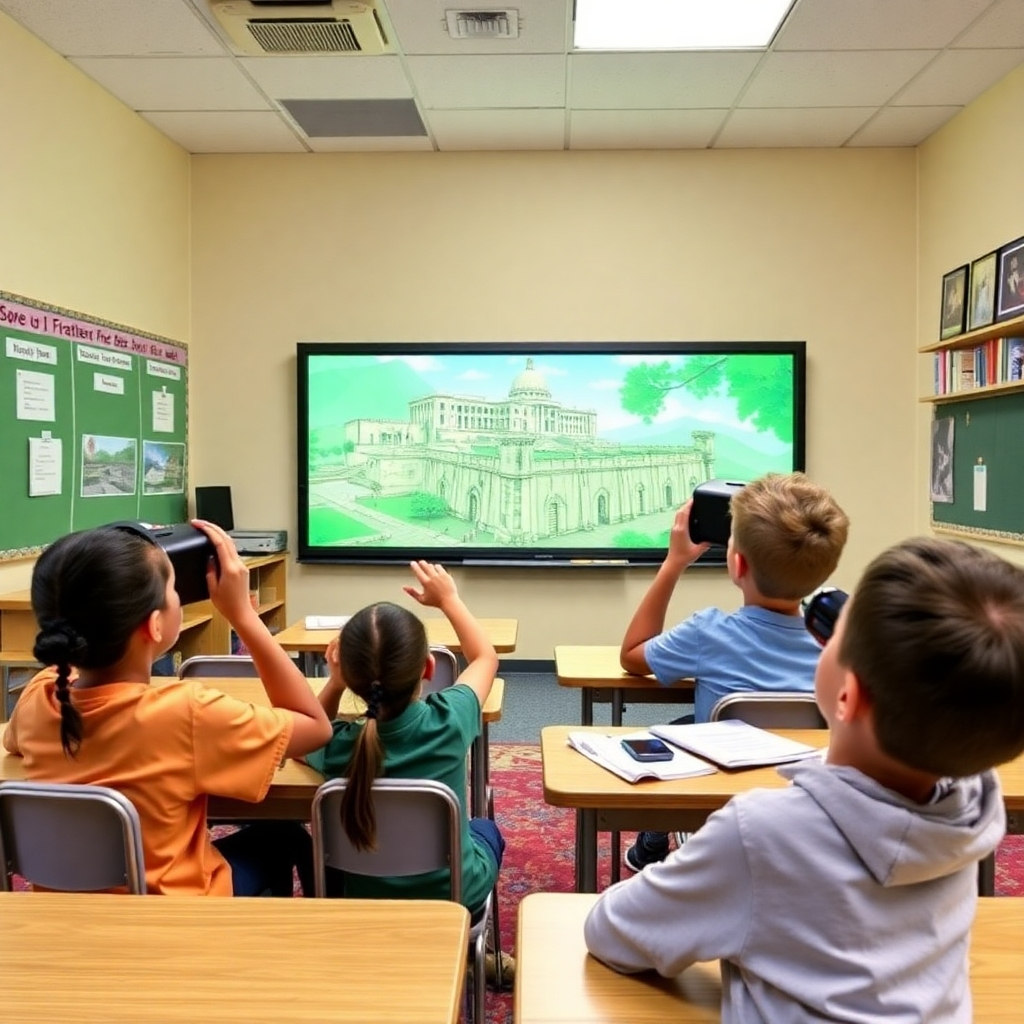 Showcase a classroom or home-learning setting where students are using SAITS4U VR technology to explore historical sites or natural wonders. Use a colorful, engaging visual to represent learning through immersive technology.