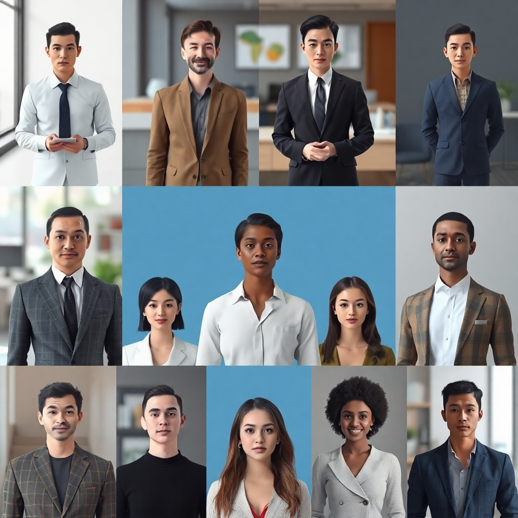 Showcase a diverse range of realistic virtual human models in various settings, from formal office environments to casual home settings, emphasizing their versatility and natural appearance. The overall style should focus on displaying realism and diversity. Photorealistic rendering of the virtual humans with various backgrounds, highlighting the diversity and natural look.