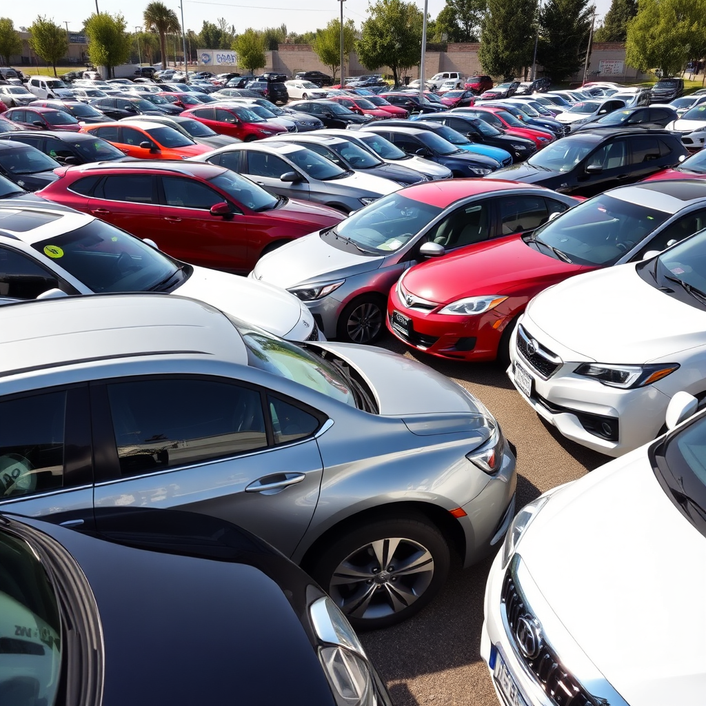 Showcase a diverse range of used vehicles in excellent condition parked neatly on a lot. Capture the variety of makes, models, and colors available. Use bright, natural lighting to emphasize the cleanliness and appeal of the cars. The overall impression should be one of quality and selection. 4k Resolution, High Quality.