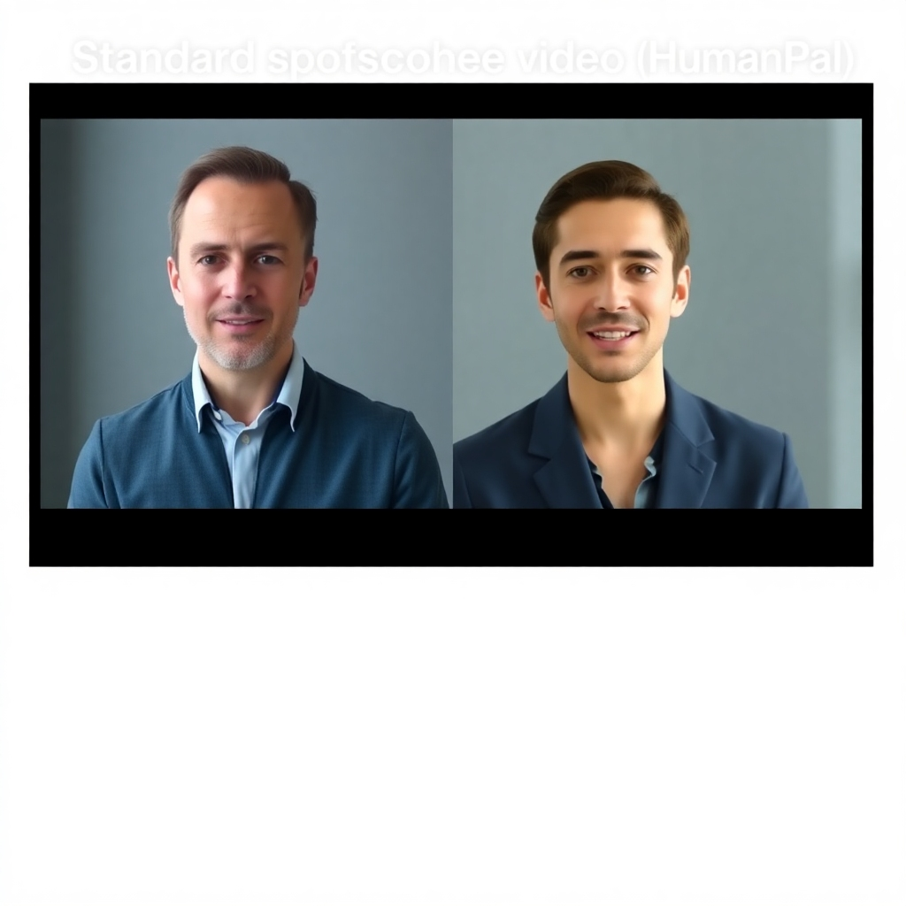 Showcase a split-screen comparison: one side depicts a standard spokesperson video, the other a near-identical video created with HumanPal. Both videos should highlight realistic human expressions and movements. The image should emphasize the superiority of HumanPal's AI-generated video in terms of clarity and professionalism, using a side-by-side format. Focus on the superior quality, smoothness, and realism of the HumanPal video, with a modern, clean, and minimalist design that prioritizes the video quality comparison. Photorealistic style.