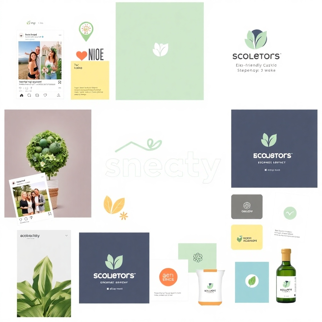 Stylized image: A collage of social media posts, marketing materials, and branding elements, representing a cohesive and well-defined eco-friendly brand. The image should be visually appealing and showcase the brand's personality.