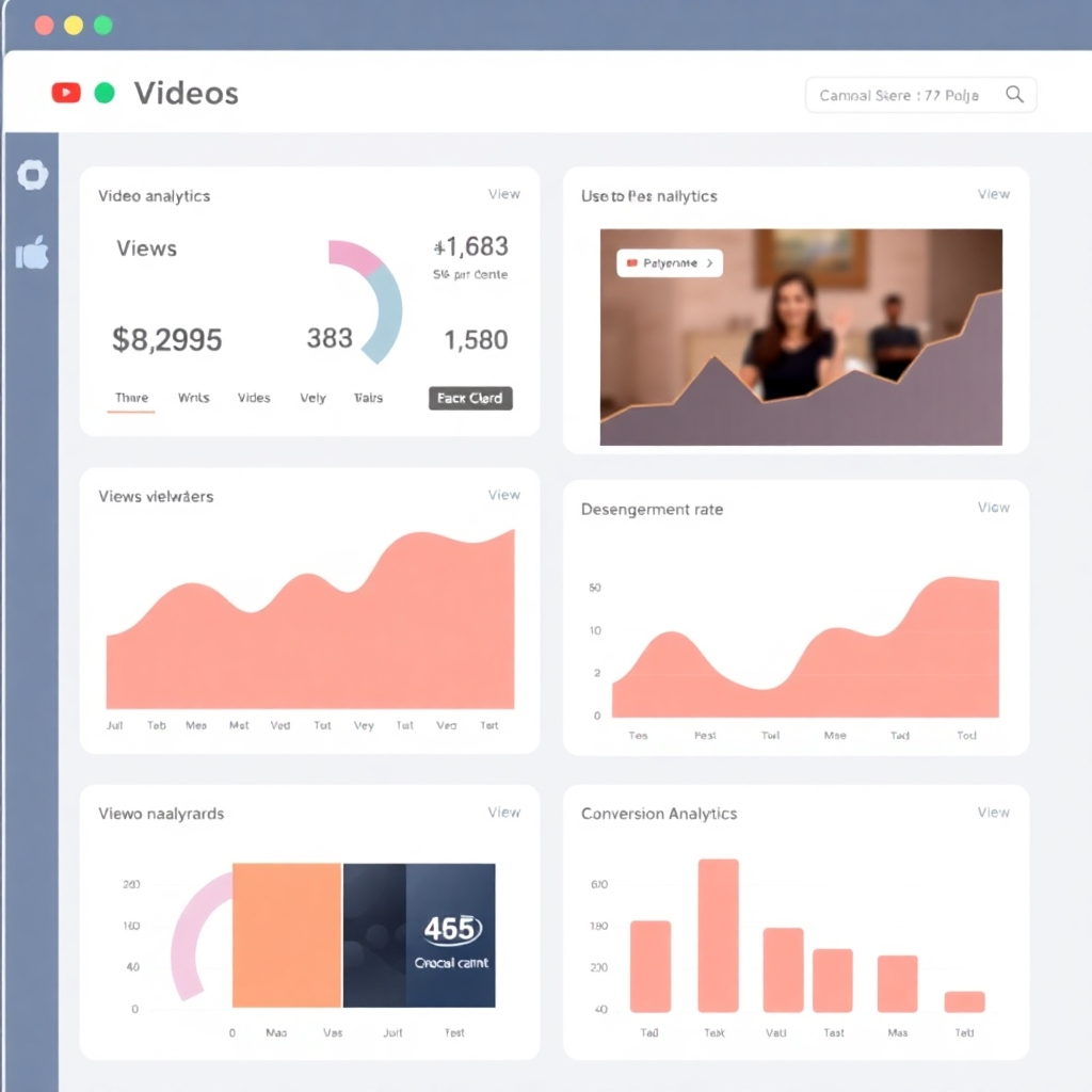 Stylized image: A dashboard displaying various video analytics, such as views, engagement rate, and conversion rate. The dashboard should be aesthetically pleasing and easy to read.