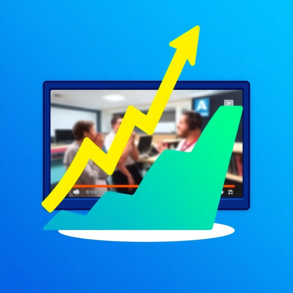 Stylized image: A vibrant, dynamic graph showing upward trending lines, overlaid on a video screen showing an engaging video scene. The style should be modern and energetic. Color scheme: bold and contrasting, utilizing various shades of blues, greens and yellows.