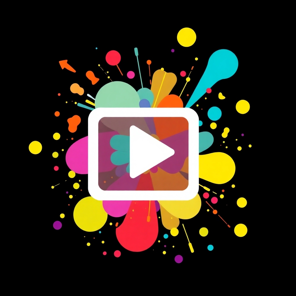 Stylized image:  An abstract representation of creative expression through video, such as colorful shapes and particles forming a video player icon. The style is abstract and modern. The color scheme should be rich and imaginative.