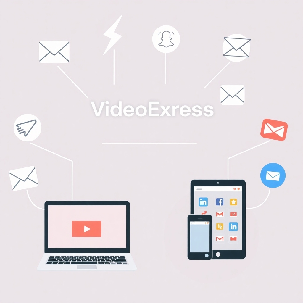 Stylized image: An illustration showing multiple devices and platforms (laptop, smartphone, tablet, social media icons, email icon) seamlessly connecting and interacting with the VideoExpress interface. The color scheme is modern and sleek.