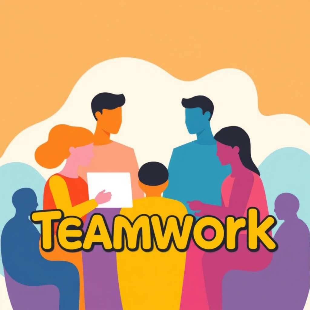 Stylized image of a group of people working together, symbolizing teamwork and collaboration. Bright and diverse color palette to represent different skills and perspectives. The people are abstract shapes, emphasizing unity and shared goals.