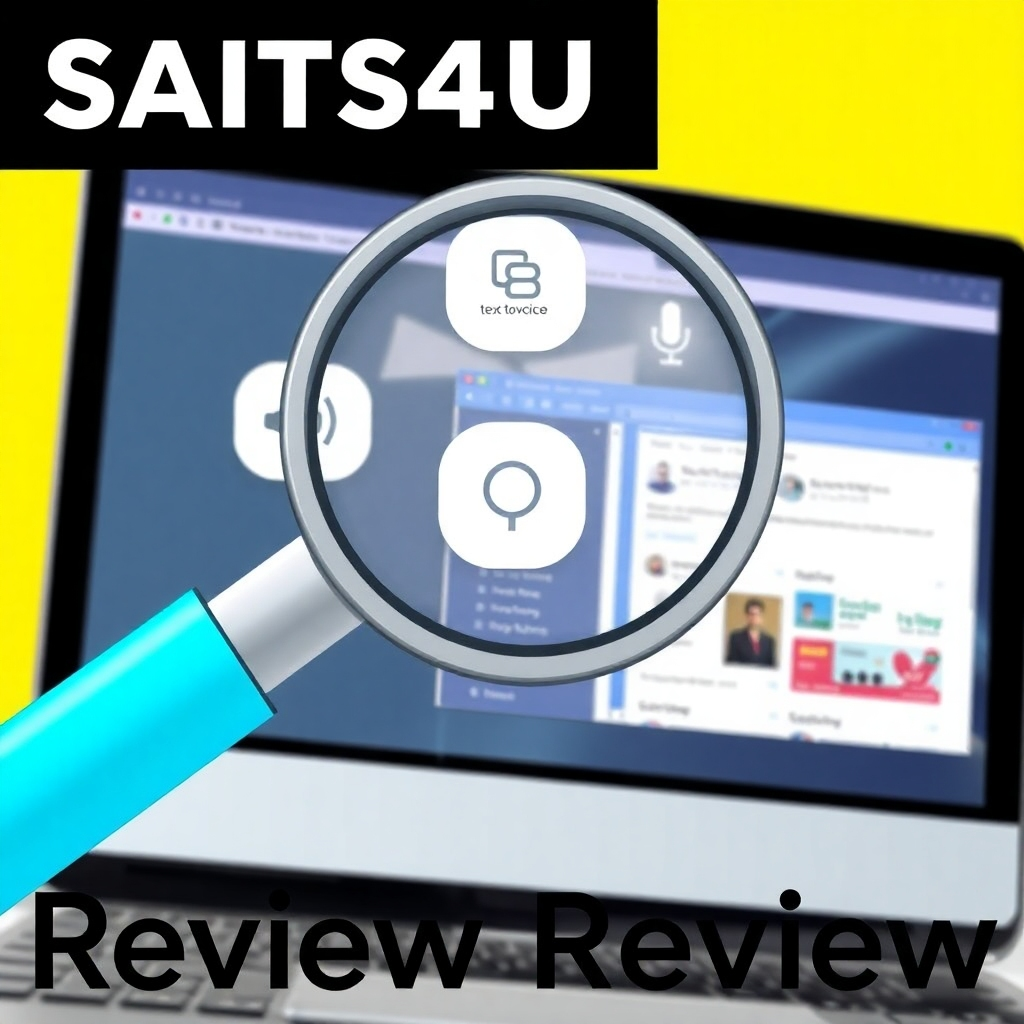 Stylized image of a magnifying glass hovering over a computer screen displaying various aspects of SAITS4U, such as its text-to-voice features, multilingual capabilities, and content creation tools.  Use a color palette that is both vibrant and professional, with a focus on bright, clean colors. The overall image style should be sleek and modern, emphasizing the technological aspect of the review.