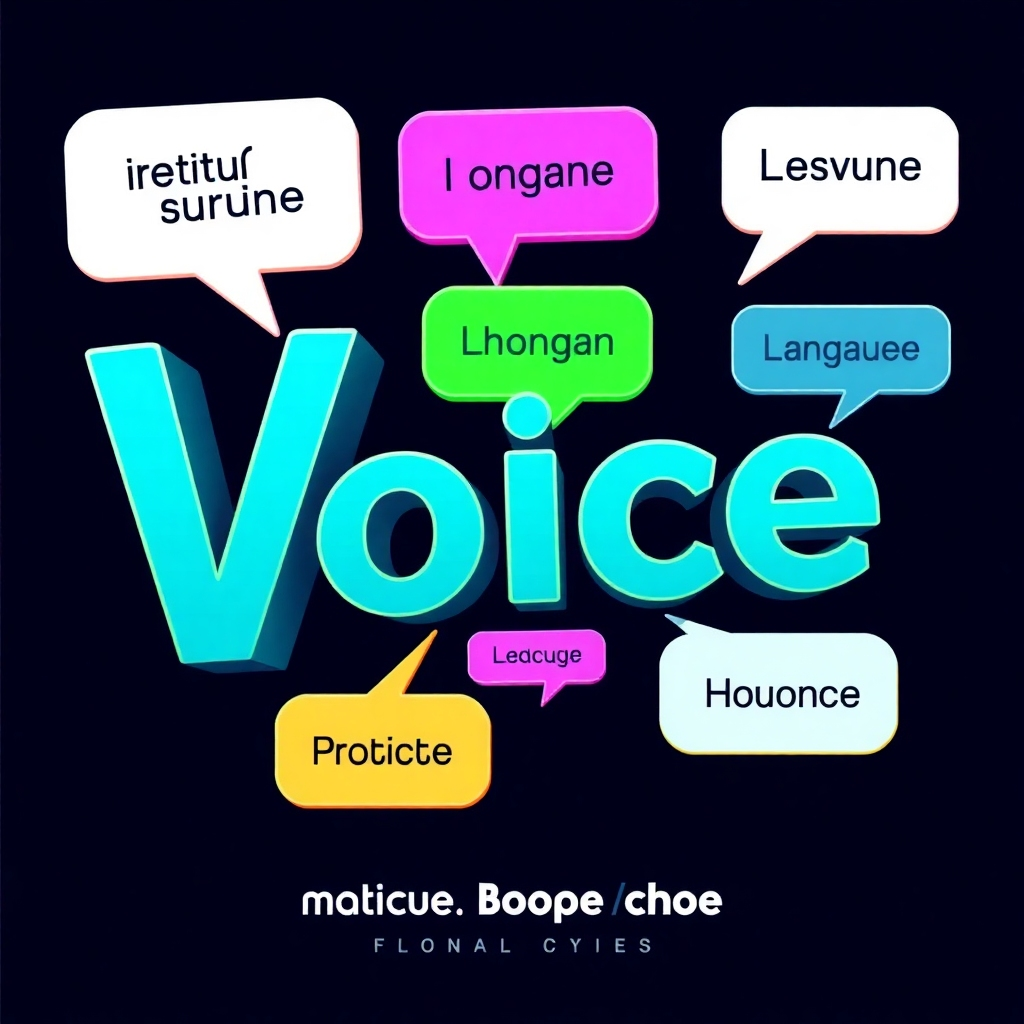 Stylized image of text transforming into speech bubbles with different languages indicated. The image should be vibrant and eye-catching, with a sleek, futuristic design. The style should be similar to marketing materials for voice-related technology.