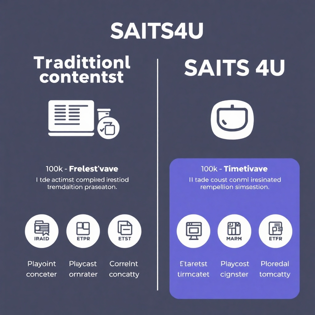 Stylized infographic showing a comparison of traditional content creation methods versus using SAITS4U, highlighting significant time-saving benefits. The style should be clean and modern, using icons to represent different tasks and timelines. The color scheme should be professional and easy to read.