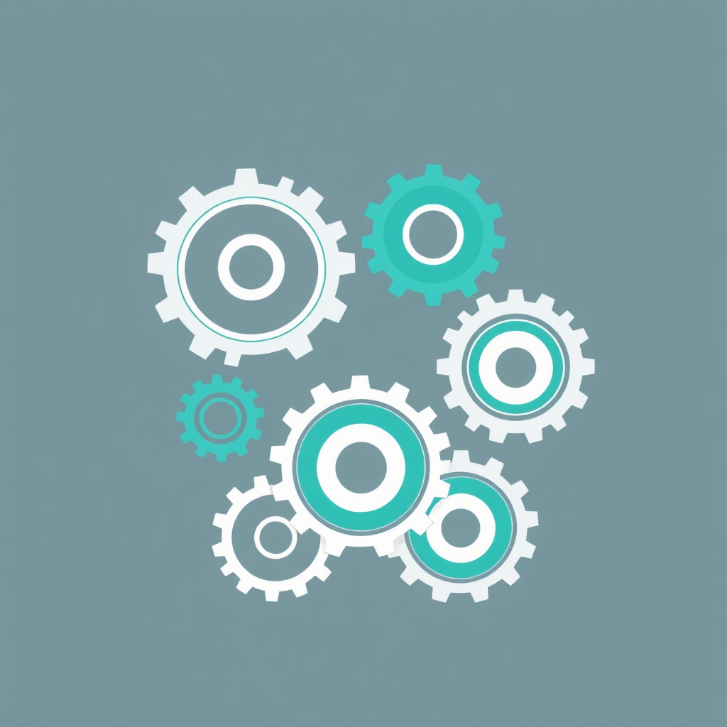 Stylized, minimalist vector art depicting gears interlocking seamlessly. Color palette: teal and gray. Each gear represents a different automated dropshipping process. The background is clean and uncluttered, symbolizing efficiency and smooth operation.