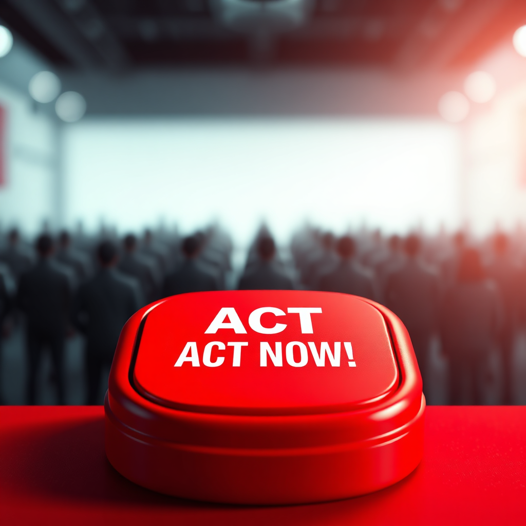 Ultra high-quality, photorealistic 8K resolution image of a single, large, red button labeled "ACT NOW!" The button is prominently placed in the center of the frame, surrounded by a blurred background of abstract shapes and colors representing the flow of potential customers. The lighting should be dramatic, with a spotlight highlighting the button and casting sharp shadows. The camera angle should be slightly elevated, giving the viewer a sense of urgency and invitation to press the button. The texture of the button should be highly detailed, with subtle reflections and imperfections to enhance realism. The overall style should be clean, modern, and impactful, conveying the sense of decisive action and conversion. The color palette should be dominated by the bold red of the button, contrasted with neutral or complementary colors in the background. Style references include elements of minimalist design and product photography.