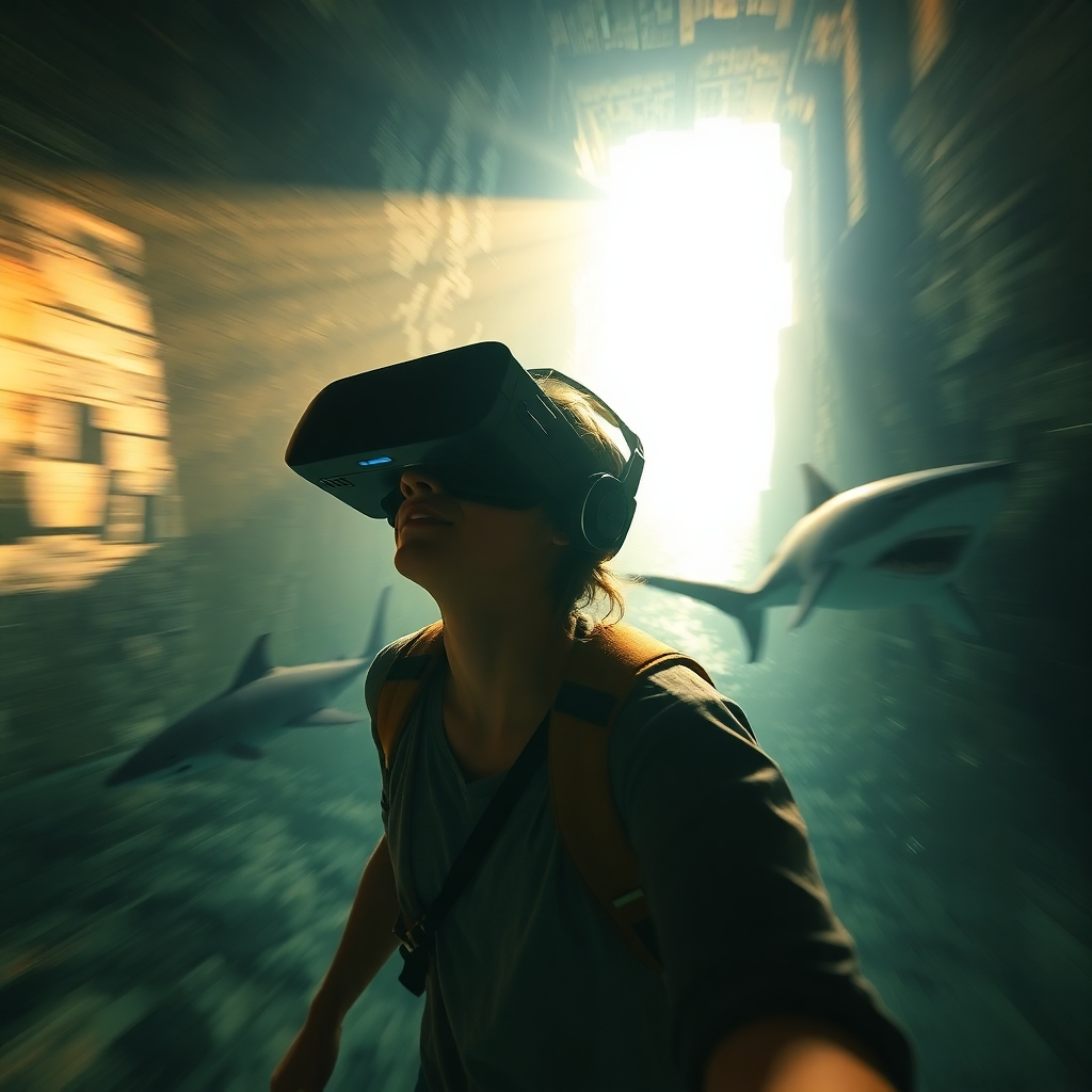 Use a dramatic, cinematic lighting style to showcase a person experiencing a thrilling VR adventure, like exploring an ancient ruin or diving with sharks. The image should convey a sense of excitement and awe, with strong visual storytelling. Hyperrealistic rendering with a focus on dynamic motion blur.
