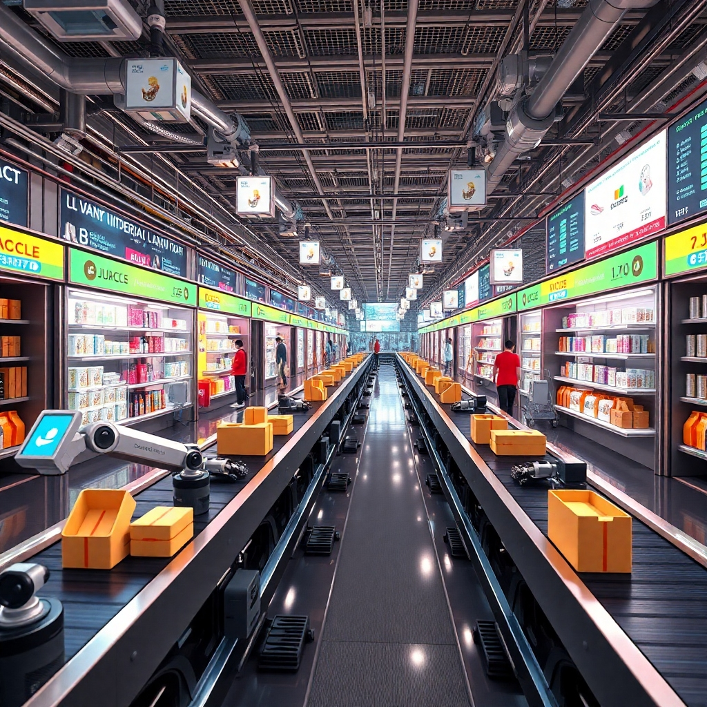 Visualize a bustling online marketplace where products are seamlessly moving from vendors to customers without any human intervention. Use elements like conveyor belts, robotic arms, and digital screens displaying product information and sales data. The overall style should be futuristic and efficient, reflecting the power of automation in e-commerce. Resolution: 4K, 3D rendering.
