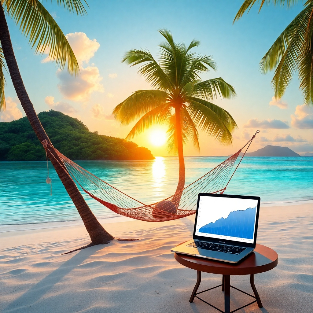 Visualize a serene, tropical island with lush greenery and crystal-clear water. On the beach, there's a hammock strung between two palm trees, with a laptop resting on a small table nearby. The scene is bathed in the warm glow of a setting sun, creating a sense of peace and tranquility. The laptop screen displays a graph showing a steady increase in income. The image should evoke a sense of relaxation, freedom, and financial security. Style reference: Luxury travel photography with a focus on detail and vibrant colors. Resolution: 4K, photorealistic.