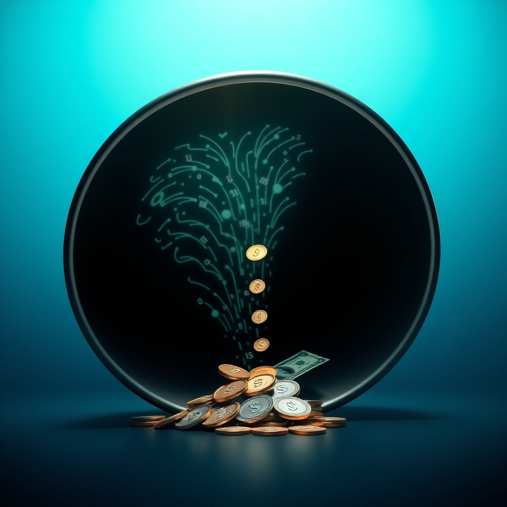 Visualize a stylized, photorealistic funnel transforming website visitors into currency. The wide end of the funnel should represent web traffic flowing in, illustrated as abstract streams of data. As the data moves through the funnel, it gradually transforms into coins and dollar bills at the narrow end. The background should be a gradient of blues and greens, symbolizing growth and financial stability. The lighting should be dramatic, highlighting the transformation process. The style should be modern and visually engaging, conveying the concept of monetizing traffic effectively. The resolution should be 8K, hyperrealistic, with detailed textures on the data streams and currency.