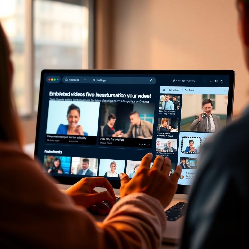 Visualize a user interacting with a website featuring embedded video tutorials and interactive elements. The focus is on the ease of navigation and the engaging content. Lighting should be warm and inviting. The color palette should be user-friendly and intuitive. The environment is a clean and modern website interface. Style reference: User experience design principles. 8k resolution, photorealistic.