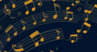 A silhouette of a person's head filled with musical notes flowing like thoughts. The notes transition from chaotic scribbles at the base to an organized, harmonious melody towards the top, symbolizing the refinement of story through music. Use a limited color palette of deep blues and soft golds. Photorealistic with stylized elements.
