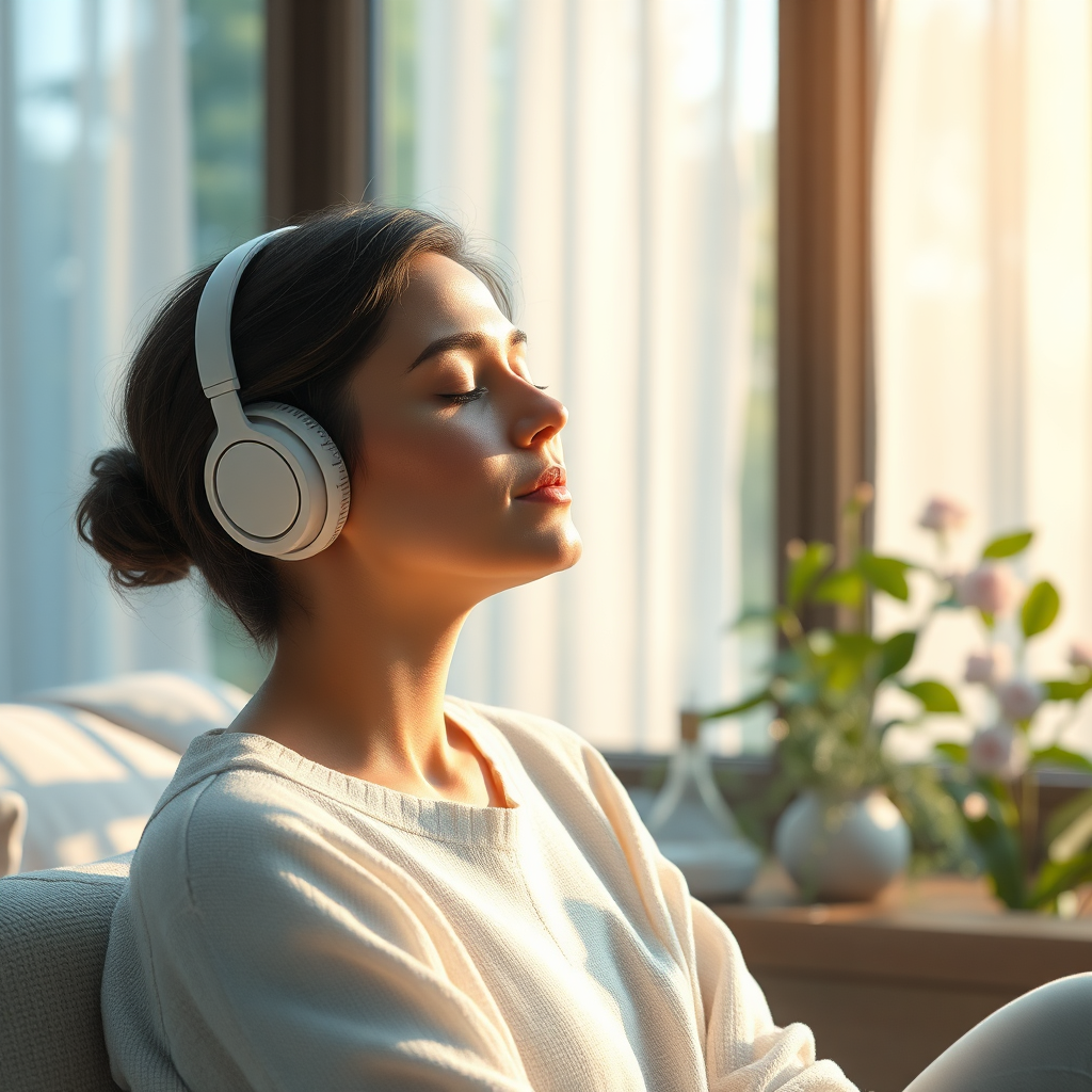 Create an image showing the healing power of music. Imagine a person listening to music in a peaceful environment, surrounded by soft, calming light and nature. The music should visually manifest as gentle waves of energy that wash over them, promoting relaxation and healing. The color palette should be soothing and serene, with a focus on blues, greens, and purples. Style reference: a spa advertisement. Technical specs: 4K resolution, high quality rendering.