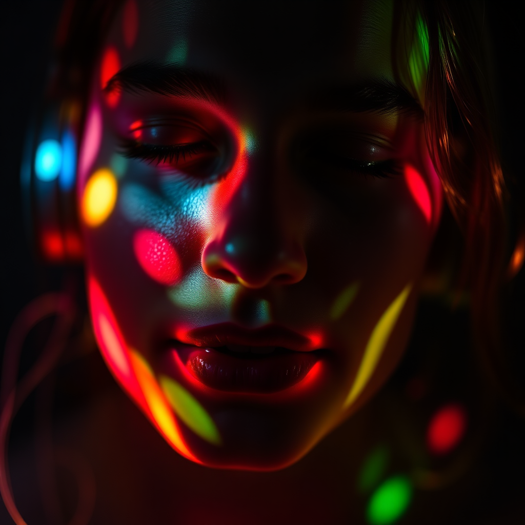  Create an image showing the impact of music on human emotions. Imagine a close-up shot of a person's face, illuminated by soft, colorful light that changes with the music they are listening to. The person's expression should reflect a range of emotions, from joy to sadness to peace. Use abstract shapes and patterns to represent the emotional landscape. The color palette should be rich and saturated, with a focus on conveying feelings. Style reference: portrait photography with a surreal twist. Technical specs: 4K resolution, high quality rendering.