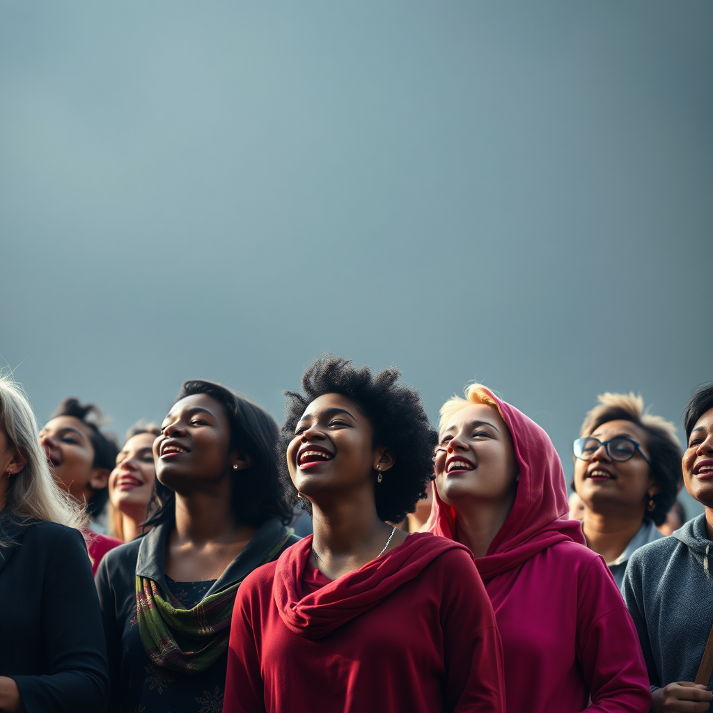 Depict a group of people from different backgrounds, united by the power of music. Imagine them singing together, their voices blending into a harmonious chorus that fills the world. The color palette should be diverse and inclusive, reflecting the unity of the group. Style reference: a documentary film still. Technical specs: 4K resolution, high quality rendering.