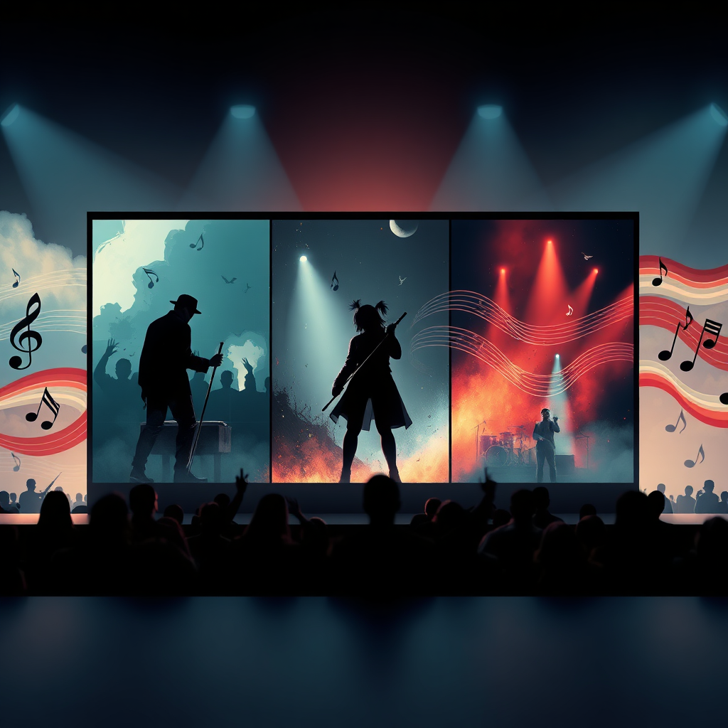  Illustrate how music enhances storytelling in different media. Imagine a split screen showing scenes from a film, a video game, and a live performance, with each scene accompanied by relevant musical cues. The music should visually manifest as abstract shapes and patterns that interact with the visuals. The color palette should be cinematic and dramatic, with a focus on creating mood and atmosphere. Style reference: a concept art piece for a blockbuster movie. Technical specs: 4K resolution, high quality rendering.
