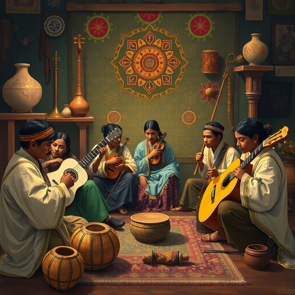 Illustrate how music preserves cultural heritage. Imagine a scene where a group of musicians are performing traditional music, surrounded by artifacts and symbols of their culture. The music should visually manifest as intricate patterns and designs that represent the history and traditions of the culture. The color palette should be rich and vibrant, reflecting the diversity of the culture. Style reference: a historical painting. Technical specs: 4K resolution, high quality rendering.