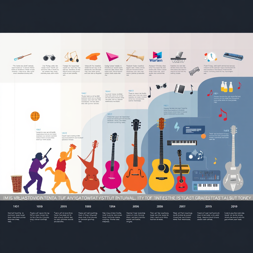  Visualize the evolution of musical instruments and styles over time. Start with ancient instruments like drums and flutes, gradually transitioning to modern synthesizers and digital audio workstations. Use a dynamic composition to show the flow of time, with each instrument representing a different era. The color palette should be vibrant and diverse, reflecting the variety of musical genres. Style reference: a modern infographic with artistic flair. Technical specs: 4K resolution, high quality rendering.