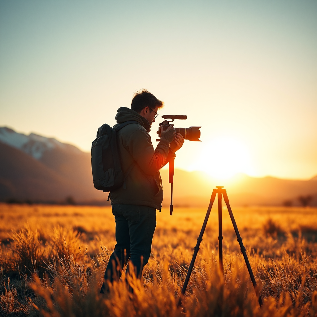 Photographer in golden hour field